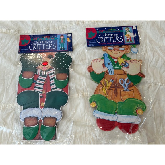 Vintage Eureka Glitter Critters Christmas Holiday Decoration Set Rudolph Elf - Picture 1 of 3